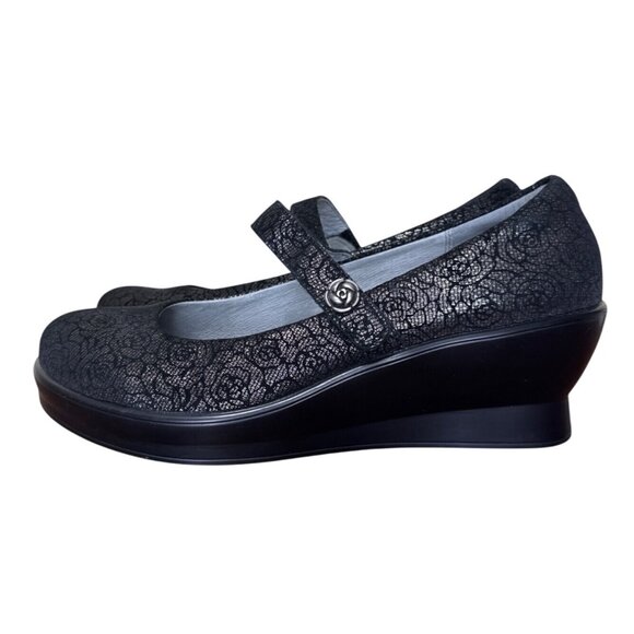 Alegria Flair Women's Black Mary Jane Wedge Metallic Pewter Floral Size 39/8.5 - Picture 2 of 13